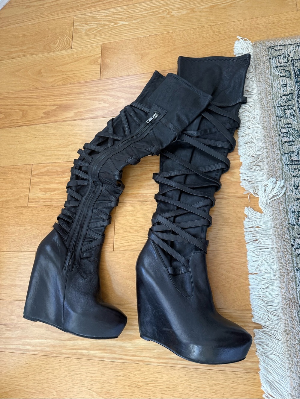 Elizabeth and James Black Lace-Up Wedge Knee-High Boots